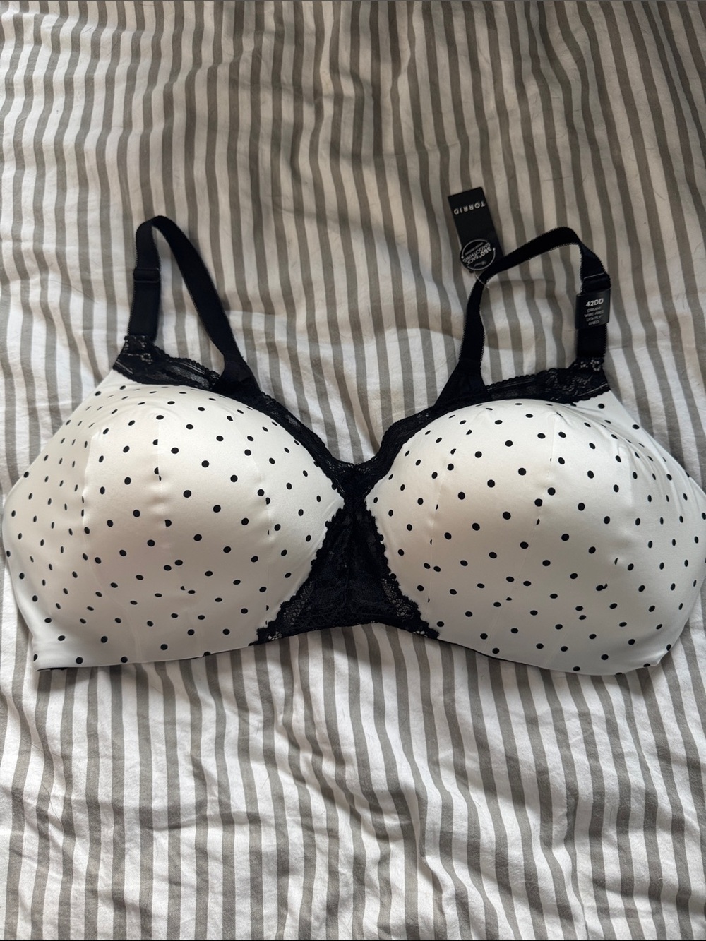 torrid White Polka Dot wireless Bra with Black Lace Trim